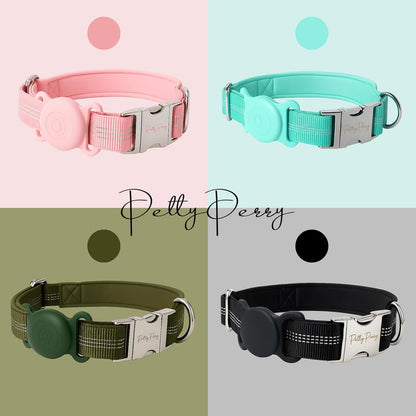 AirTag Holder Dog Collar for Large Medium Dogs, Adjustable Nylon Dog Training Collar with Quick Release Buckle, Reflective Heavy Duty Tactical Dog Collar with Handle (Army Green M)