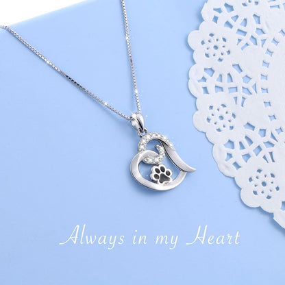 FLYOW 925 Sterling Silver Cute Paw Print Forever Love Heart Pendant Necklace/Bracelet/Stud Earrings Gift for Women, Box Chain 18"