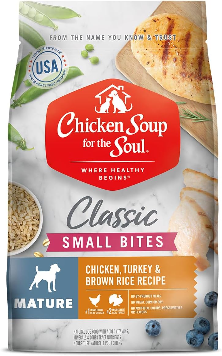 Chicken Soup for the Soul All Natural Premium Small Bites Senior/Mature Dry Dog Food, Real Meat First Ingredient, No By-Products, Supports Joint Health & Mobility, Chicken, Turkey & Brown Rice, 4.5lb