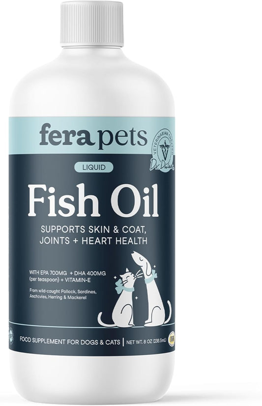 Fera Pets Fish Oil - Omega 3 for Dogs & Cats to Support Joints, Heart, Skin and Coat Health - Non GMO with Vitamin E - 8 oz