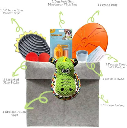 Ultimate 8-in-1 Dog Gift Basket Set - with Slow Feeder Bowl, Tug of War Interactive Toys,Poop Bag Dispenser and Storage Basket for Medium to Large Dogs
