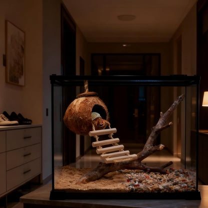 Gecko Tank Accessories Natural Coconut Shell Hut with Climbing Ladder & Suction Cup Hermit Crab Toys Reptile Hideout for Leopard Gecko Snake Lizard and Small Pets Habitat Decor