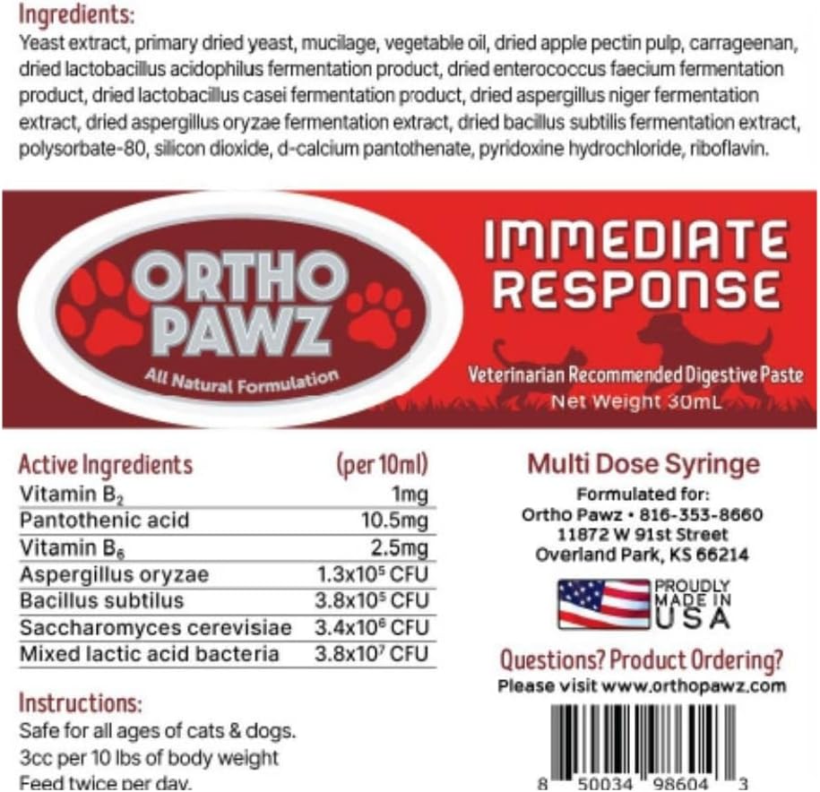 Immediate Response 30ml – Advanced Probiotic & Yeast Paste for Dogs & Cats – Supports Digestive Health, Diarrhea Relief, Hydration, Immune System & Overall Gut Balance – Made in USA