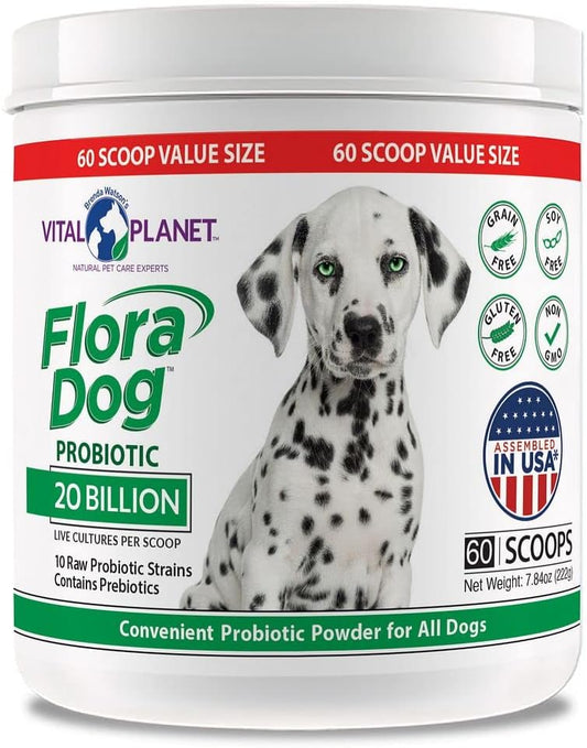 Vital Planet - Flora Dog Probiotic Powder Supplement with 20 Billion Cultures and 10 Strains, High Potency Immune and Digestive Support Probiotics for Dogs, 7.84 oz., 222 Grams, 60 Servings