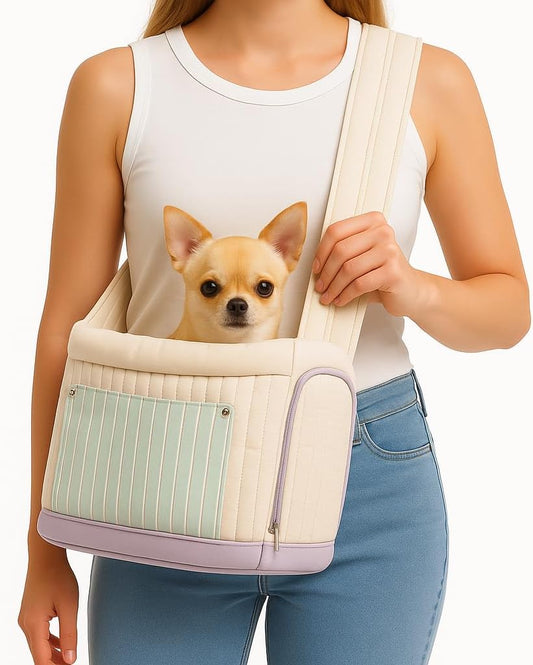 Stylish Quilted Dog Sling Carrier – Hands-Free Pet Shoulder Bag for Small Dogs & Cats, Breathable & Secure Travel Tote up to 10 lbs, Beige
