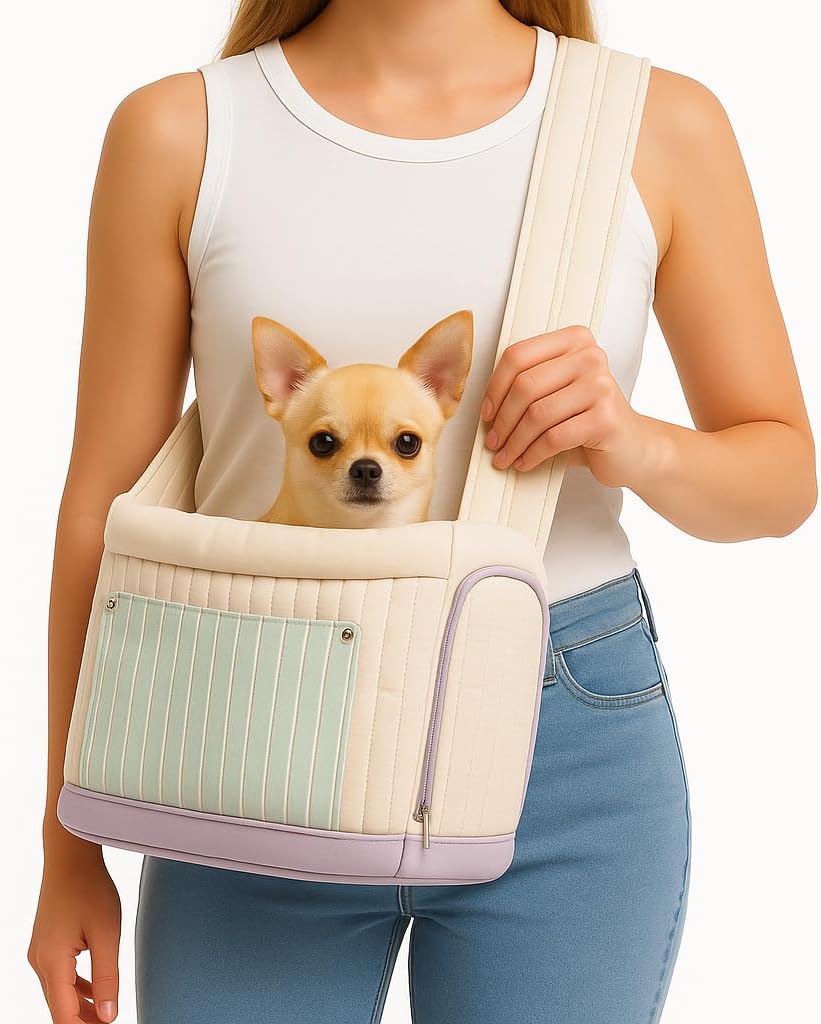 Stylish Quilted Dog Sling Carrier – Hands-Free Pet Shoulder Bag for Small Dogs & Cats, Breathable & Secure Travel Tote up to 10 lbs, Beige