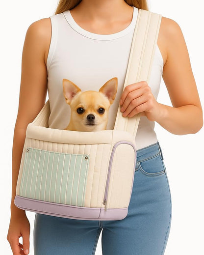 Stylish Quilted Dog Sling Carrier – Hands-Free Pet Shoulder Bag for Small Dogs & Cats, Breathable & Secure Travel Tote up to 10 lbs, Beige