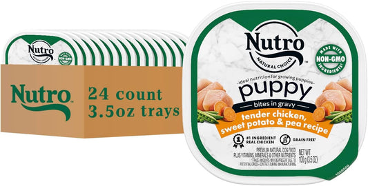 Nutro Puppy Grain Free Natural Wet Dog Food Bites in Gravy Tender Chicken, Sweet Potato & Pea Recipe, 3.5 oz. Trays (24 Count, Pack of 1)
