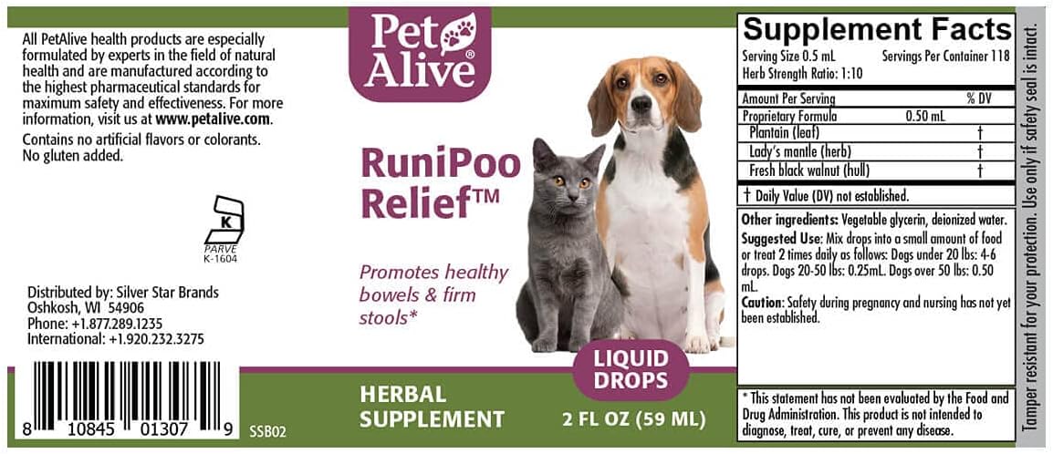 PetAlive RuniPoo Relief - All Natural Herbal Supplement Promotes Health Bowels and Firm Stools in Cats and Dogs - Relieves Common Symptoms of Pet Diarrhea - 59 mL
