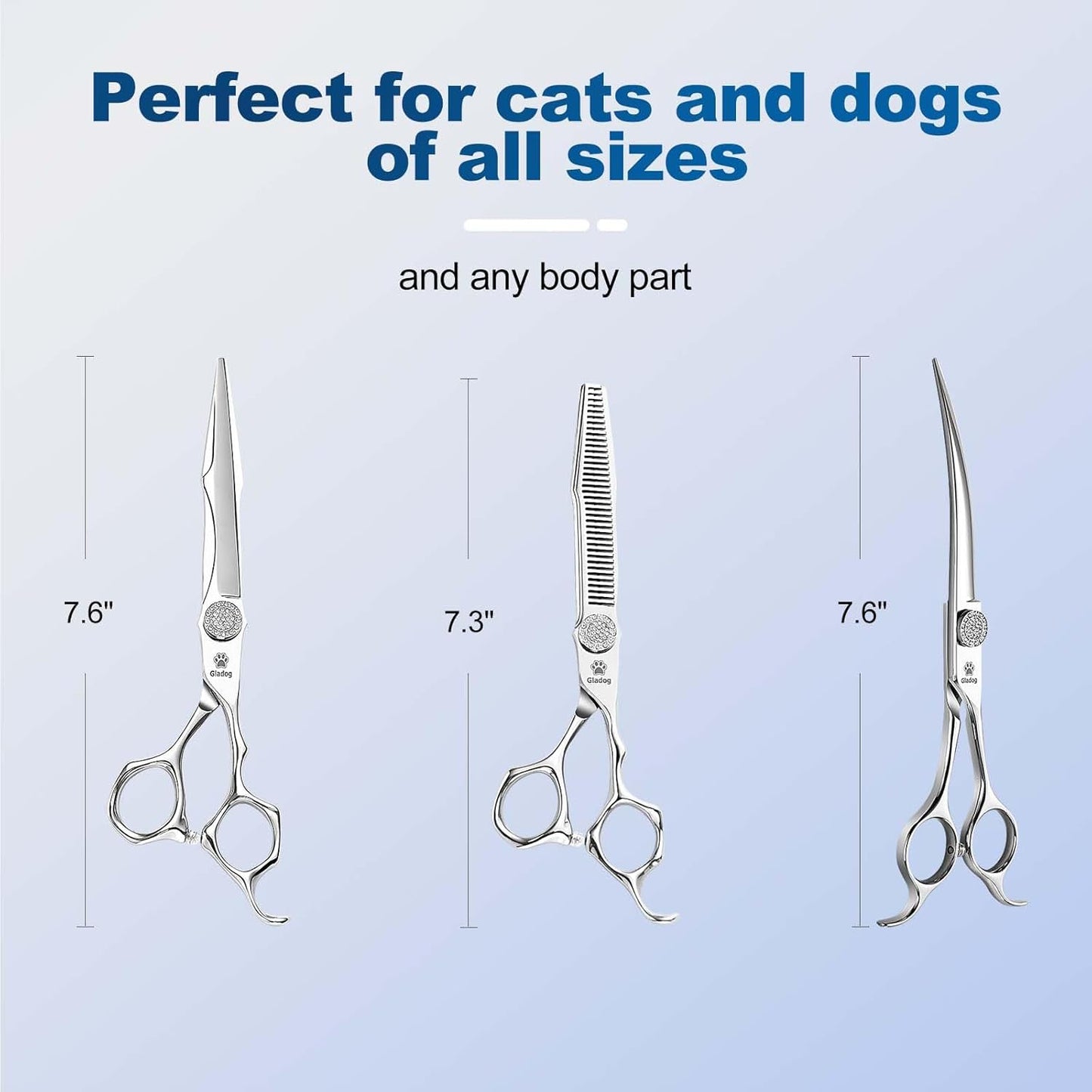 GLADOG Luxury Dog Grooming Scissors Set - 7" Straight, 6.5" Thinning, 7" Curved Dog Shears for Grooming - 9CR Steel, Professional Grooming Kit for Dogs