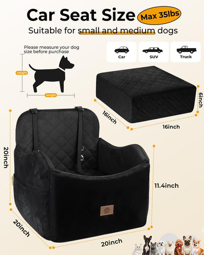 Dog Car Seat for Small/Medium Dogs, Detachable Washable Dog Booster Seat Under 35lbs, High-Support Memory Foam,Travel Bed with Storage Pockets