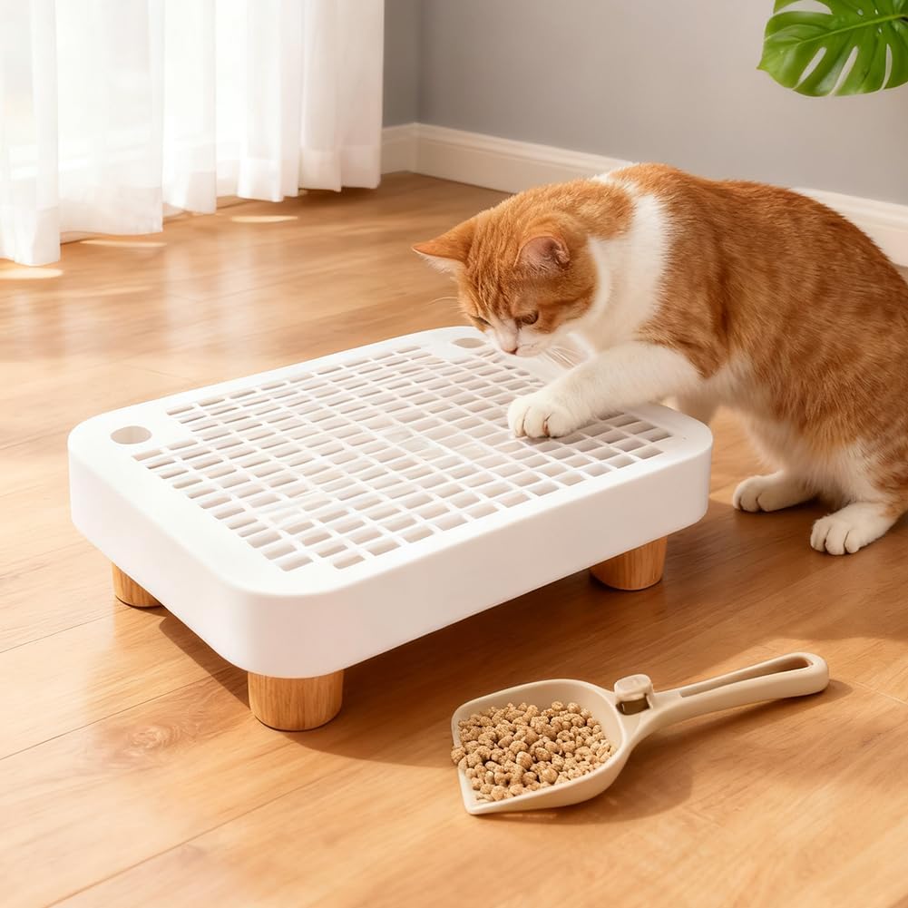 Cat Litter Box Ramp,Litter Box Step Mat with Filt er Function,Wooden Base No n-Slip Cat Ramp Reduces Tracking,for Automatic Litters Boxes,Kittens & Senior Cats (30 * 20.7 * 9cm,Color:White)