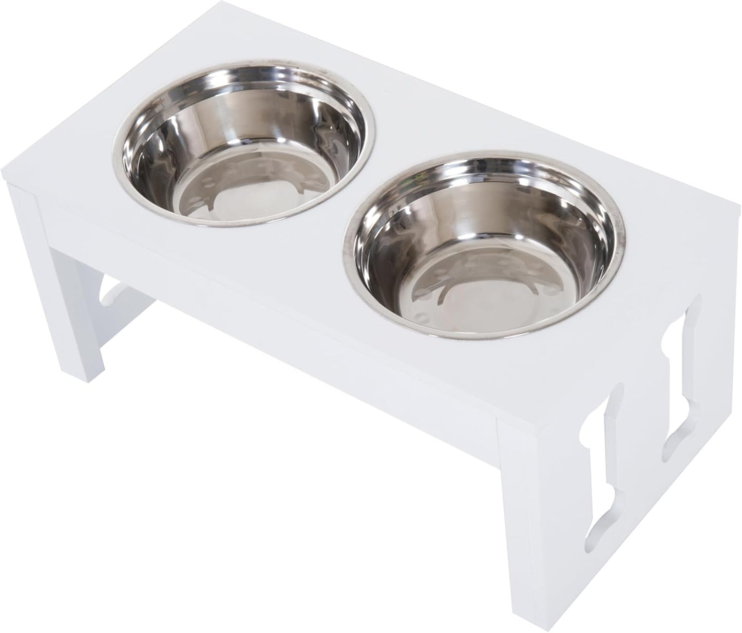 GREAZ 23" Modern Decorative Dog Bone Wooden Elevated Pet Food Bowl Feeding Station, White