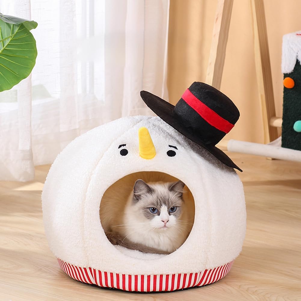Cute Snowman-Shaped Enclosed Cat Bed Cave - Warm and Cozy Winter Cat Hideaway for Indoor Cats, Funny Christmas Themed Pet House with Washable Mat, All-Season Comfort for Kittens and Small Dogs