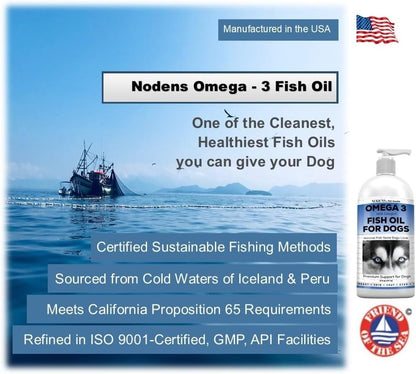 Nodens Natural Fish Oil for Dogs 100% Pure Omega 3 Fish Oil Liquid Dog Skin & Coat Supplement, Reduce Shedding and itching. Omega 3 Fatty Acids EPA & DHA for Dog Joints, Immune Support & Digestion