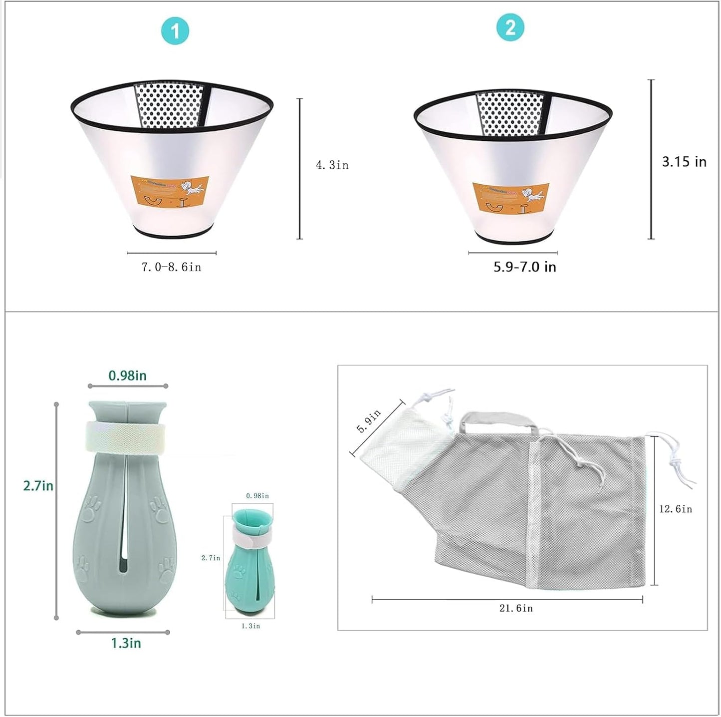 7-Piece Cat Bathing Set - Anti-Scratch Silicone Shoes, Claw Covers, Shower Net, Bathing Bag & Elizabethan Collar (Grey-3)