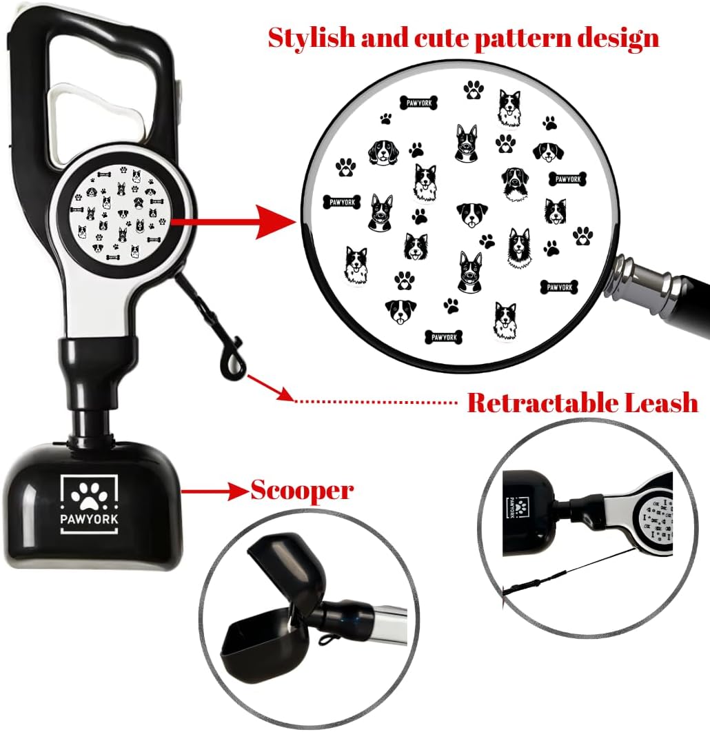 17" Pooper Scooper with Retractable Leash - 4 in 1 Dog Pet Waste Picker with Leash for Outdoor Use and 2x20 Waste Bag Rolls - Poop Scooper for Dogs