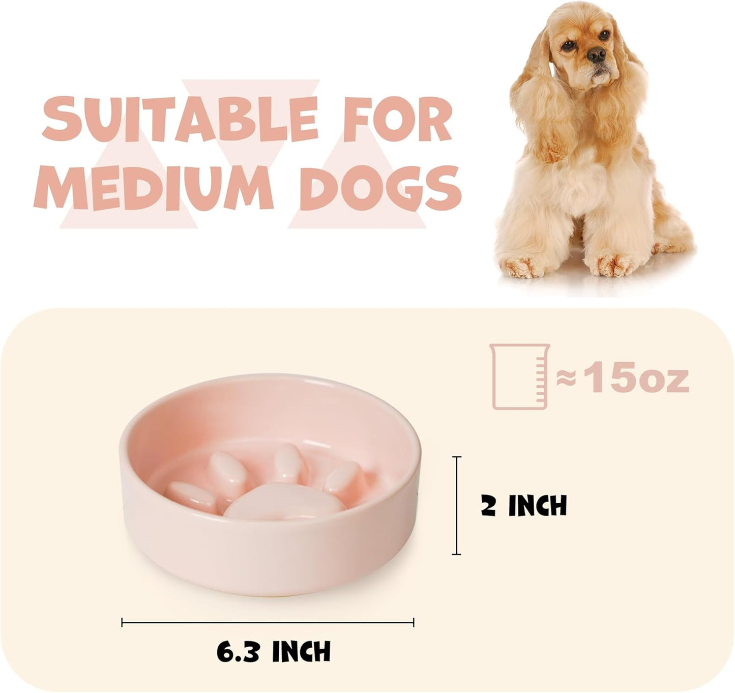 Ceramic Slow Feeder Dog Bowl for Medium Size, Cute Paw Slow Feeding Food Bowl for Medium Breeds, Ceramics Dog Dishes, Non Slip, Pet Brithday Gifts, Pink