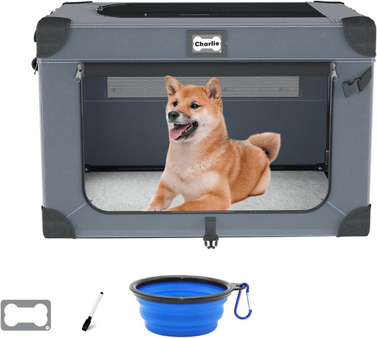 30 Inch Soft Dog Crates, Collapsible Dog Travel Crate for Medium Dogs Indoor & Outdoor, 3-Door Foldable Pet Kennel with Mesh Windows, Soft Blanket and Foldable Bowl