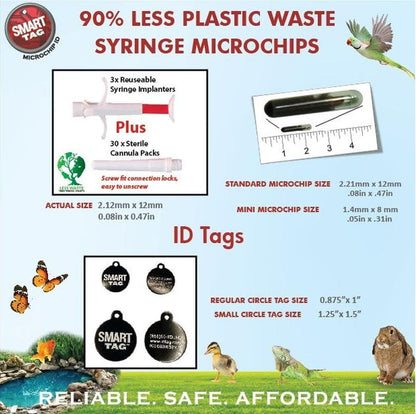 Less Waste Mini ISO Data Microchip Implanter & ID Tag with 90% Less Plastic/Environmentally Greener/Lifetime Pet Recovery Service/Free Registration, 15 Gauge/Reusable Poly-Bag/30 Pack