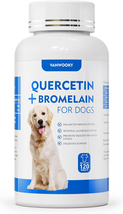 Quercetin + Bromelain for Dogs – Immune & Allergy Support Supplement, Inflammatory Relief, Antioxidant Formula, 120 Beef-Flavored Chewable Tablets