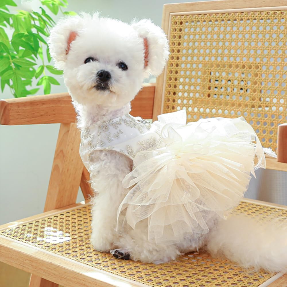 ANIAC Embroidered Dog Dress for Small Dog,Girl Puppy Princess Tutu Dress with Leash Ring,Cat Apparel,Chihuahua Yorkie Clothes for Birthday Wedding (Small, Champagne)