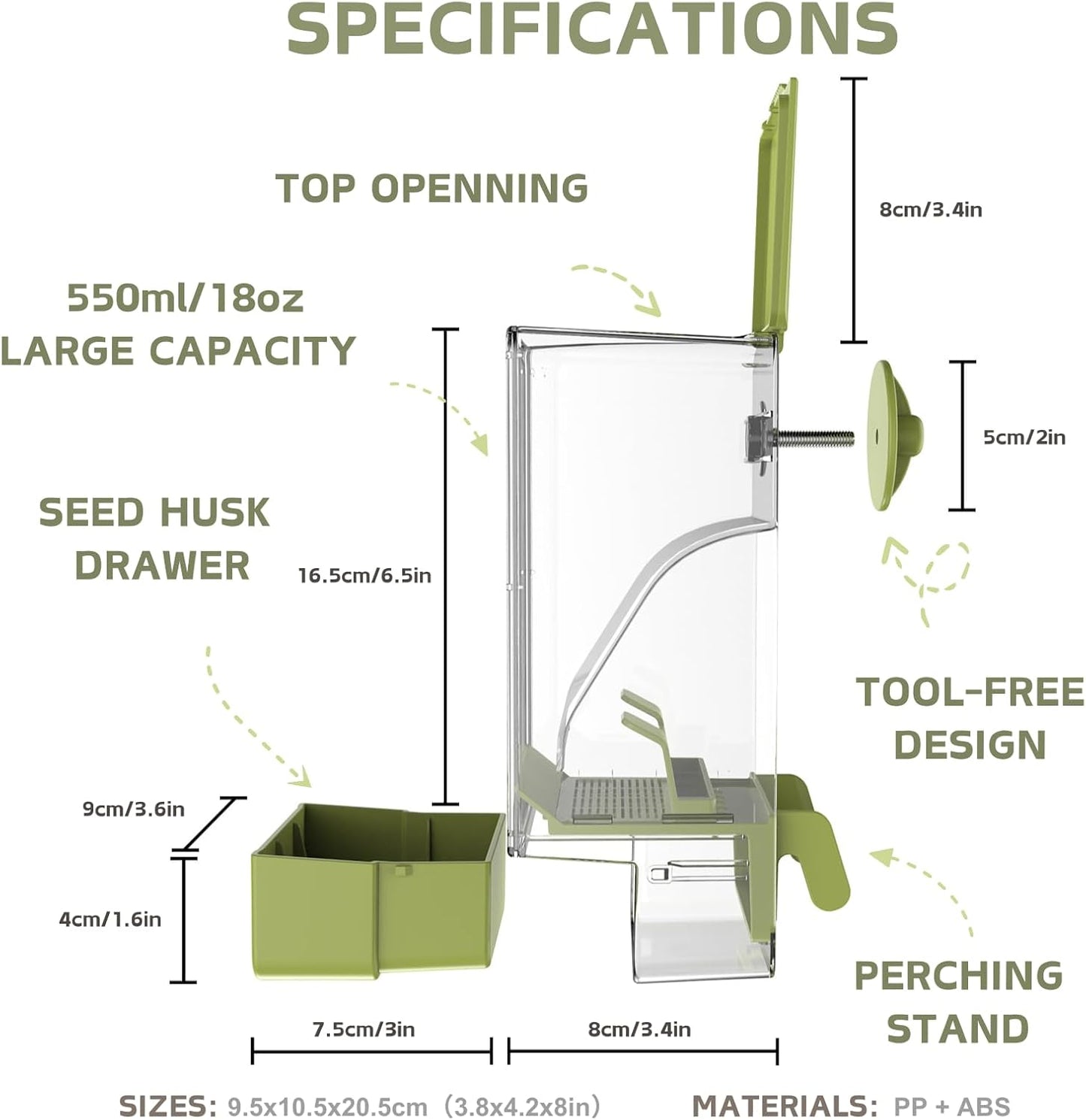 Automatic Bird Feeder, Bird Cage Feeder with Perch for Parakeet Canary Cockatiel Finch (Green)