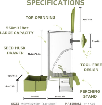 Automatic Bird Feeder, Bird Cage Feeder with Perch for Parakeet Canary Cockatiel Finch (Green)