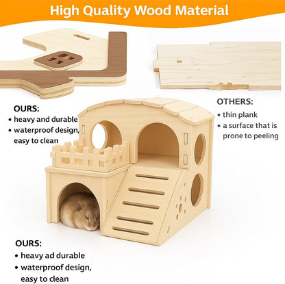 Hamster House Wooden Hamster Wheel & Water Bottle Set, Silent Exercise Wheel 5.9" with Adjustable Water Dispenser Stand, Small Animal Accessories for Ham Ster, Gerbil, Guinea Pig, Mice (3 Pcs)