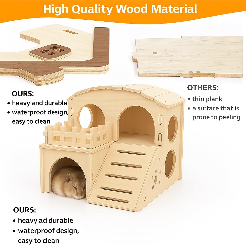 Hamster House Wooden Hamster Wheel & Water Bottle Set, Silent Exercise Wheel 5.9" with Adjustable Water Dispenser Stand, Small Animal Accessories for Ham Ster, Gerbil, Guinea Pig, Mice (3 Pcs)