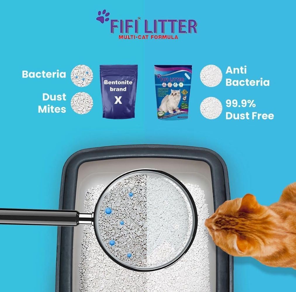 FIFI Litter®15-lbs. 99.9% Dust-Free, Non-Tracking,All Natural,Premium Multi-Cat Formula,Bentonite/Carbon/Silica, Hypoallergenic,Quick Clumping, Odor Control, Super Absorbent, Unscented.