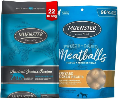 Muenster Adult Dry Dog Food - 22lb Bag Ancient Grain w/Ocean Fish & Freeze-Dried Meatballs Barnyard Chicken Recip