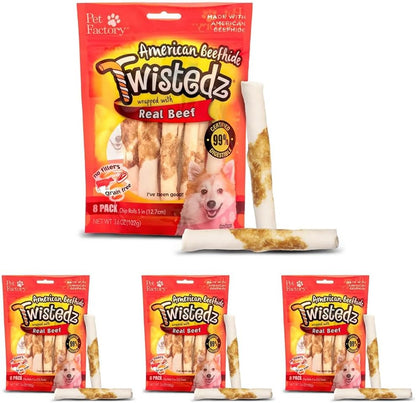 Pet Factory Twistedz American Beefhide 5" Chip Rolls Dog Chew Treats w/Real Beef Meat Wrap - 8 Count/4 Pack