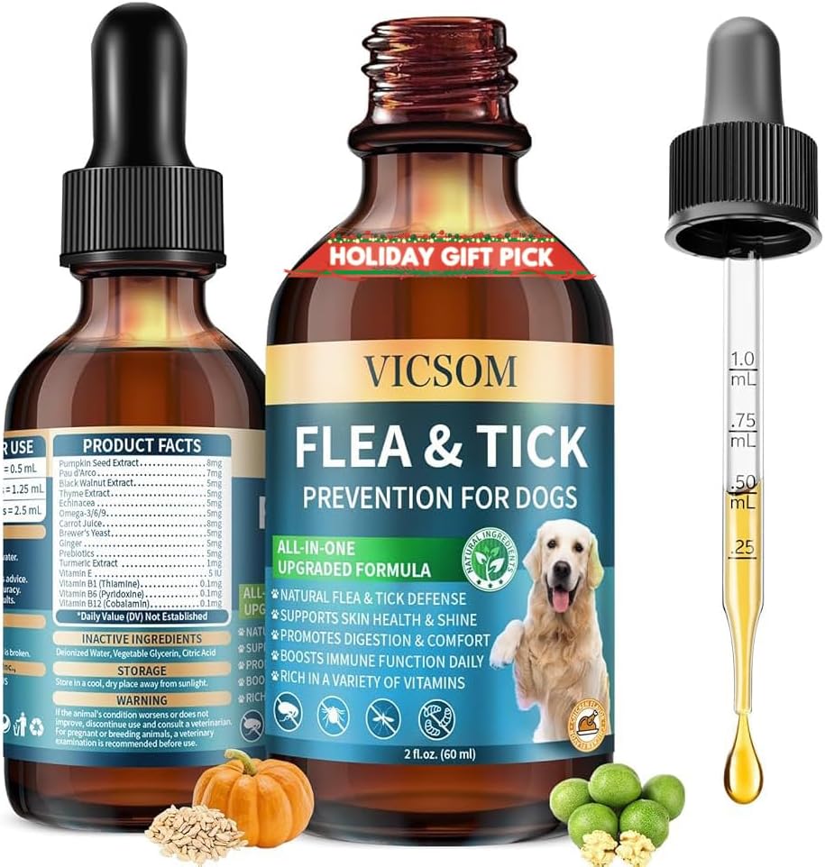 Natural Flea and Tick Prevention for Dogs, Oral Herbal Dog Flea and Tick Treatment Drops with Pumpkin Seed & Black Walnut for Dogs, Skin & Coat Care - Digestive & Immune for All Breeds and Ages, 60ml
