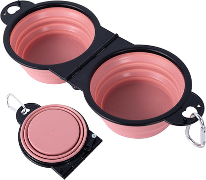 SLSON Collapsible Dog Dual Bowls Reinforced Rim 180 Degrees Flip Over Foldable Double Bowl with Lock Clips More Stable Dog Travel Bowls Pet Food Water Feeder (Light Pink)