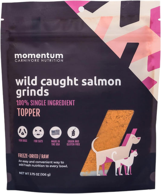Momentum Carnivore Nutrition Freeze-Dried Wild-Caught Salmon Pet Food Topper – Single-Ingredient, All-Natural Topper – High-Protein for Dogs and Cats, Grain-Free and Made in The USA– (3.75 oz Bag)