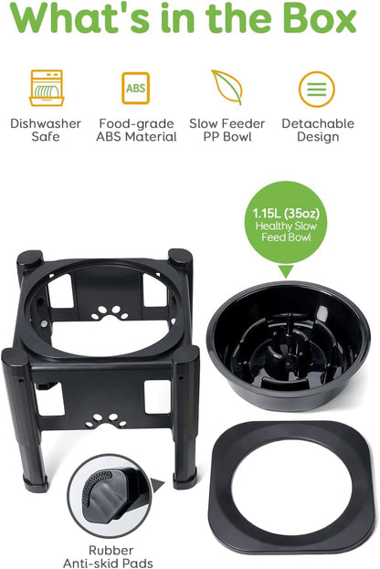 Pawque Elevated Slow Feeder Bowls - Adjustable Raised Dog & Cat Bowl with 3 Heights (6.1", 7.7", 9.3") for Medium & Small Pets, Mess Proof & Non-Slip Dish Feeder