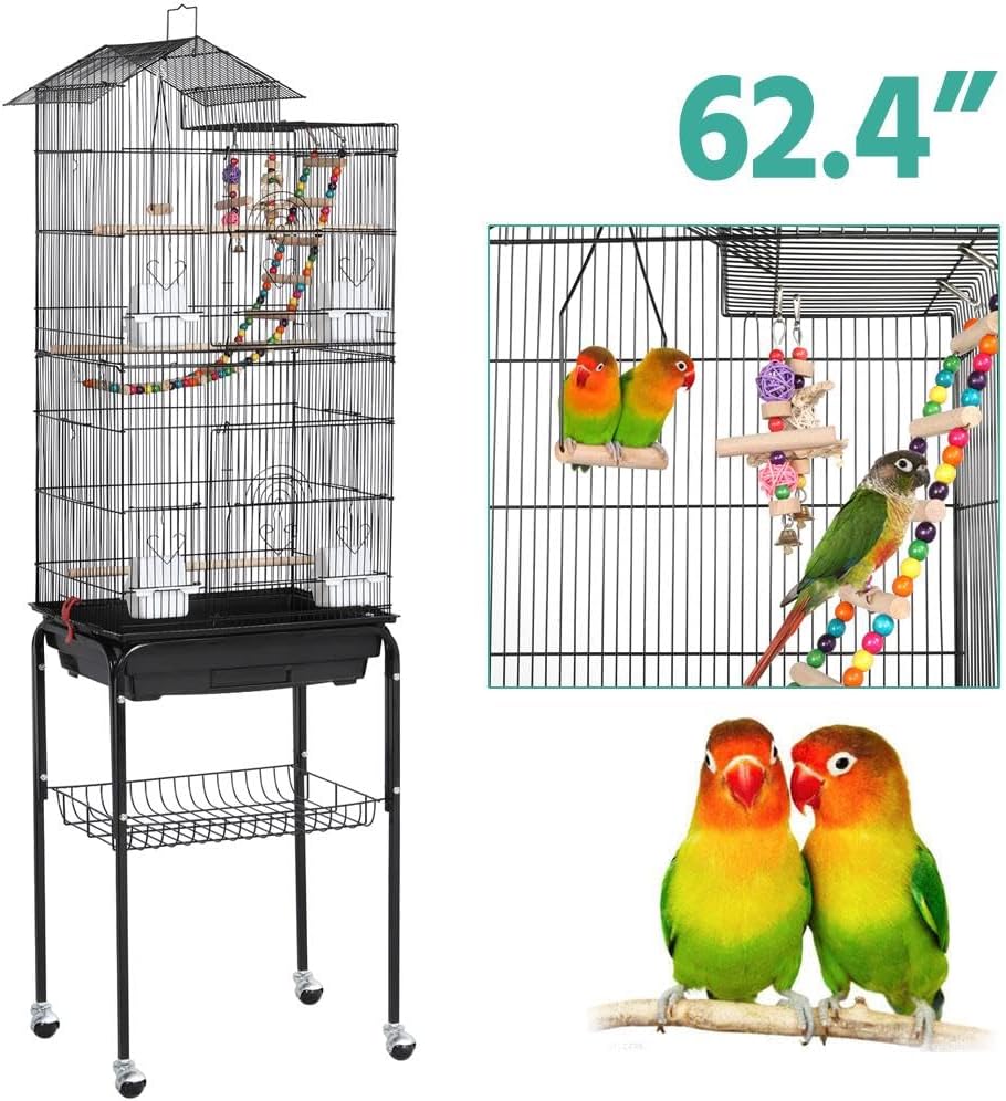 Yaheetech Bird Cage 64'' Medium Small Parrot Parakeet Bird Cages with Detachable Rolling Stand for Parrot Lovebirds Finches Parakeets Budgie Parrotlet Conures, Pet Flight Birdcage