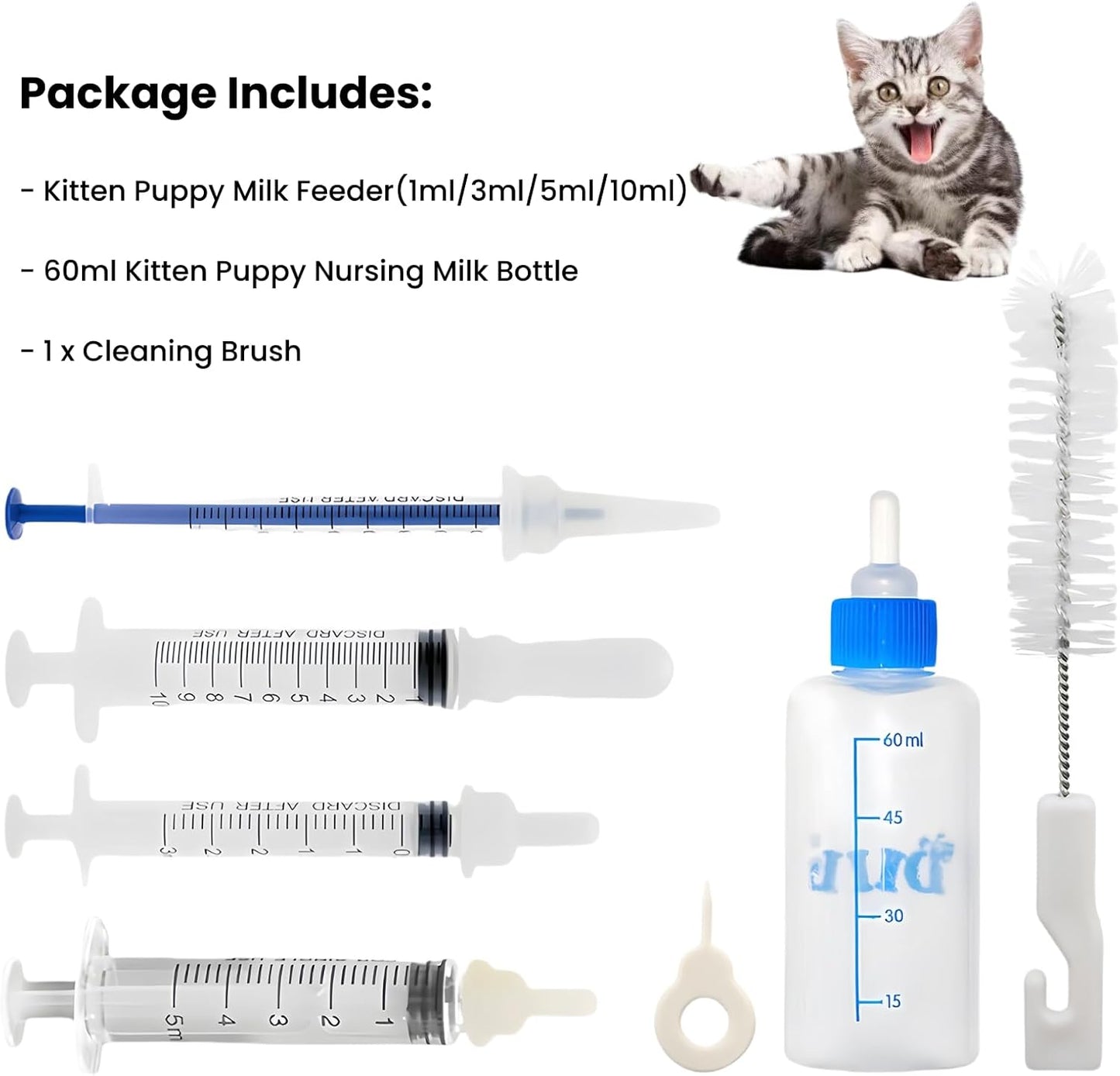 Kitten Bottle Feeding Kit 1ml 3ml 5ml 10ml 60ml Kitten Milk Replacement Bottles Small Animals Waterer Feeder for Nursing Newborn Kittens Cat Rabbit