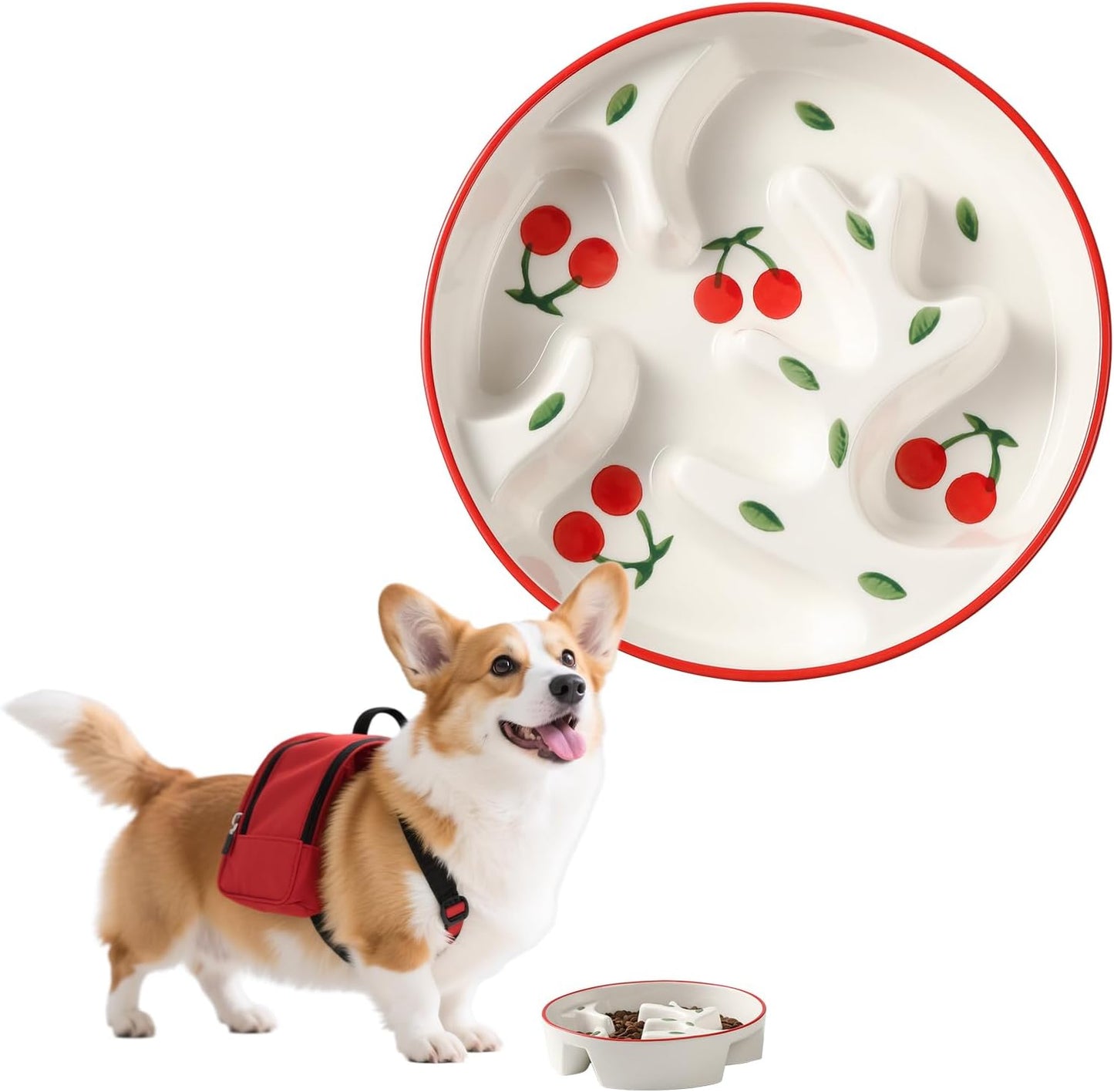 Ceramic Slow Feeder Dog Bowl - Portion Control Feeding Bowl for Medium Dogs – Cute Maze Food Dish for Fast Eaters - 3.1 Cups (310 g) - Doodle Series (Cherry)