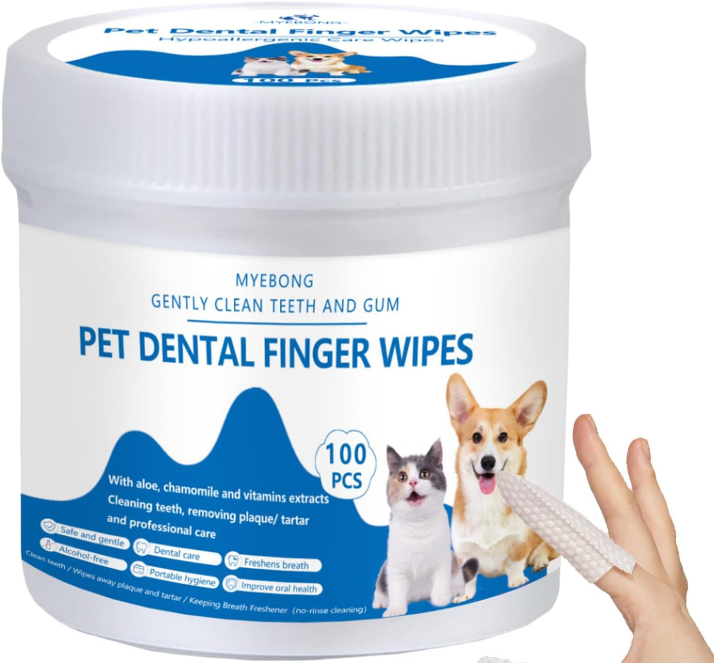Dog Teeth Cleaning Finger Wipes, 100pcs Pet Dental Care Finger Wipes for Dogs and Cats Removing Plaque and Tartar Buildup, Freshens Breath -- Safe Ingredients Disposable No-Rinse Pet Finger Toothbrush