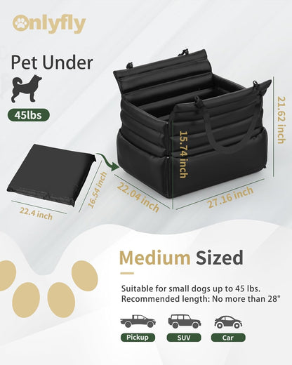 Dog Car Seats for Medium Dogs : Secure & Cushioned Pet Booster for Travel – 2-in-1 Foldable Dog Bed for Front or Back Seat, Waterproof PU Leather, Up to 45 lbs（Black）