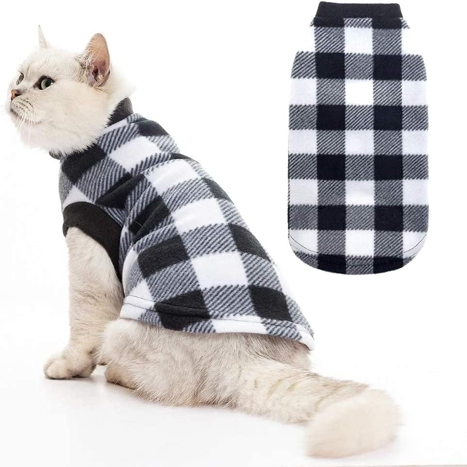 EXPAWLORER Plaid Cat Sweater - Pet Clothes Cat Puppy Vest Warm Fleece Hoodie for Cats, Fall and Cold Winter Coat Pullover Design, Buffalo Checked Sweatshirt Clothing Also for Small Dogs