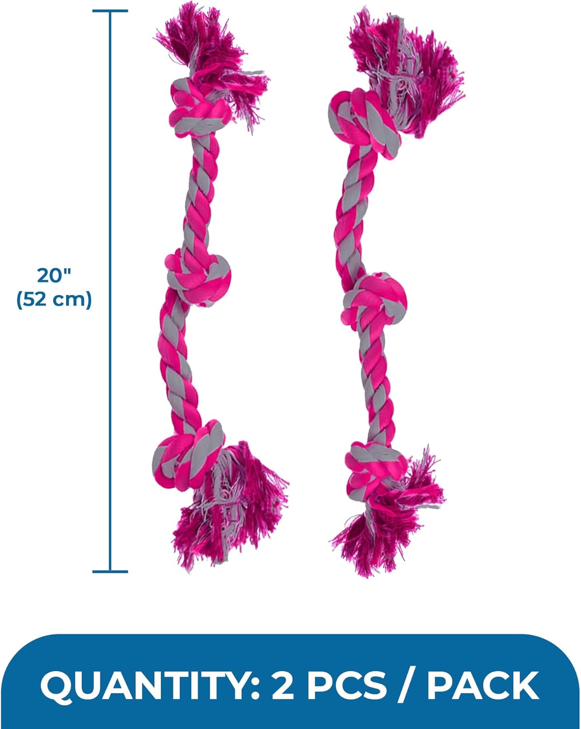 SunGrow Pink Dog Rope Toys, Twisted Triple Knotted Rope Bone, 2 Pack for Aggressive Chewers, Large Dogs Extra Strong, Heavy-Duty Dog Pull, Tug of War Ropes