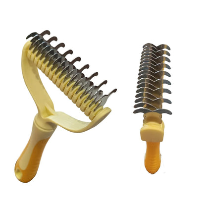 Dematting Comb for Dogs/Cats, 2-Sided Undercoat Detangler Brush for Shedding, Matted Hair & Fur Remover, Painless Pet Grooming Rake with Non-Slip Handle (Yellow,Large)
