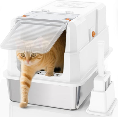 SZEE Stainless Steel Litter Box, Large Size, Fully/Half Enclosed Design, Foldable Front Door for Scooping, Activated Charcoal Odor Control, Prevent Splashing Out
