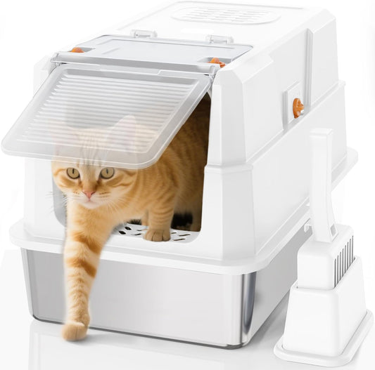 SZEE Stainless Steel Litter Box, Large Size, Fully/Half Enclosed Design, Foldable Front Door for Scooping, Activated Charcoal Odor Control, Prevent Splashing Out