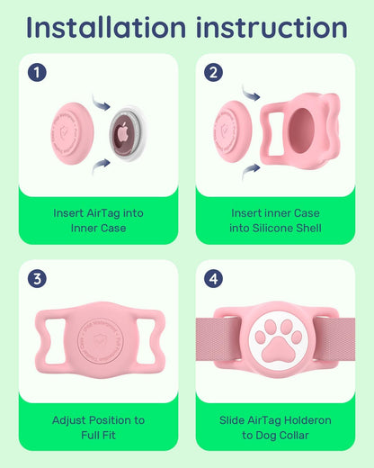 IP68 Waterpoof Dog Airtag Holder, Stretchy Silicone Full Body Covered Apple Air Tag Holder for Dog Cat Collar Fit All Width Collar (Pink, 1 Pack)