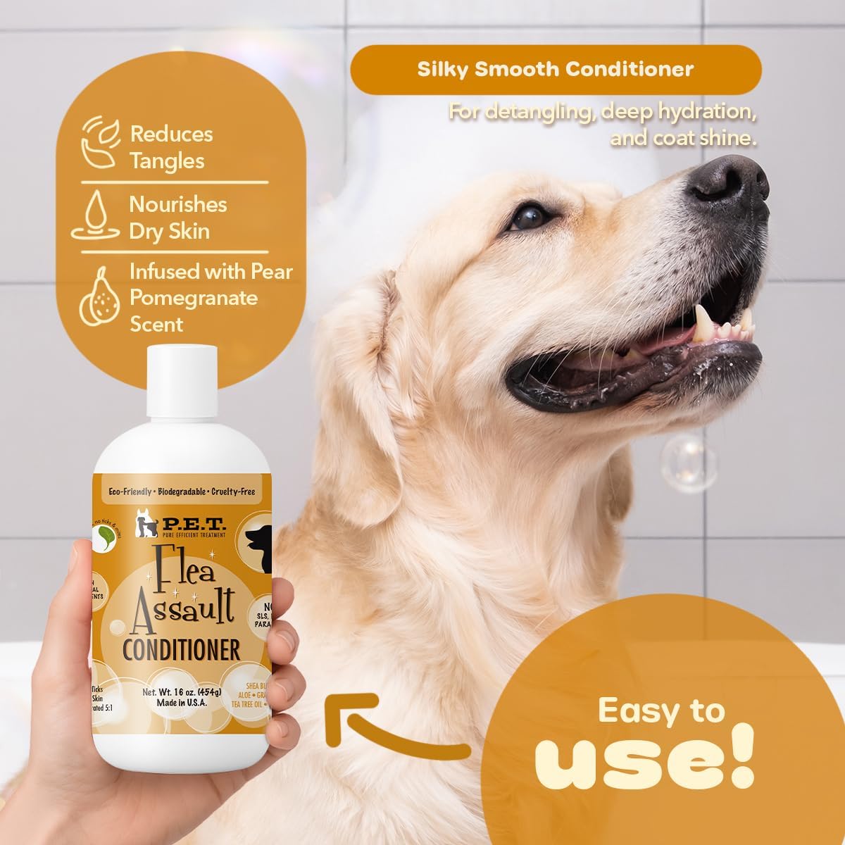 P.E.T. Flea Assault Pear & Pomegranate Dog & Cat Conditioner, 16 oz | Deep Moisture, Detangles & Soothes Sensitive Skin | Sulfate-Free, pH-Balanced Cosmetic Formula