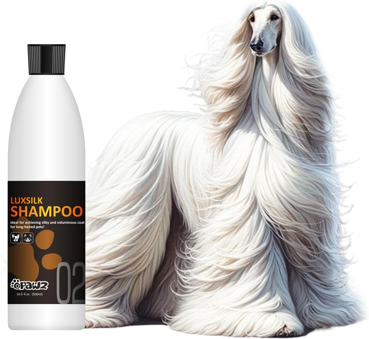 OPAWZ 02 LuxSilk Dog Shampoo, 2- in-1 Dog Shampoo and Conditioner, Reduces Shedding, Dematting, Deshedding, Removes Undercoat, for Long Haired, Silky Coat Dogs and Cats, 16.9 fl.oz/ 500ml